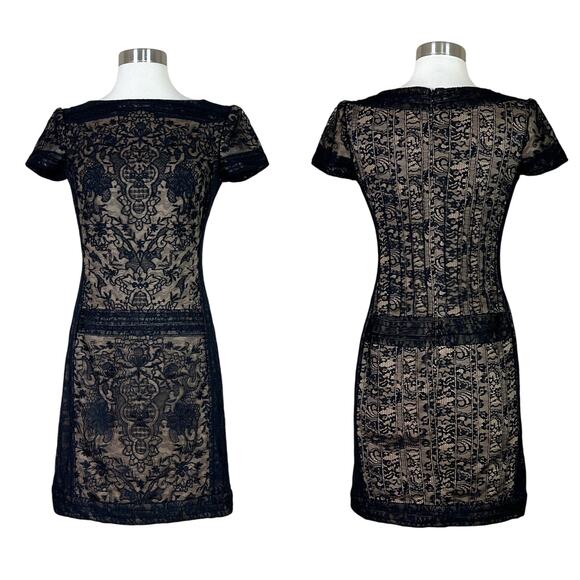 Tadashi Shoji | Black Lace Nude Illusion Formal Cocktail Designer Mini Dress 2 - Picture 1 of 10